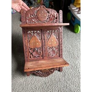RARE Handcarved India Wooden Shelf Elephants, Leaves, Boho, Vintage Trinkets